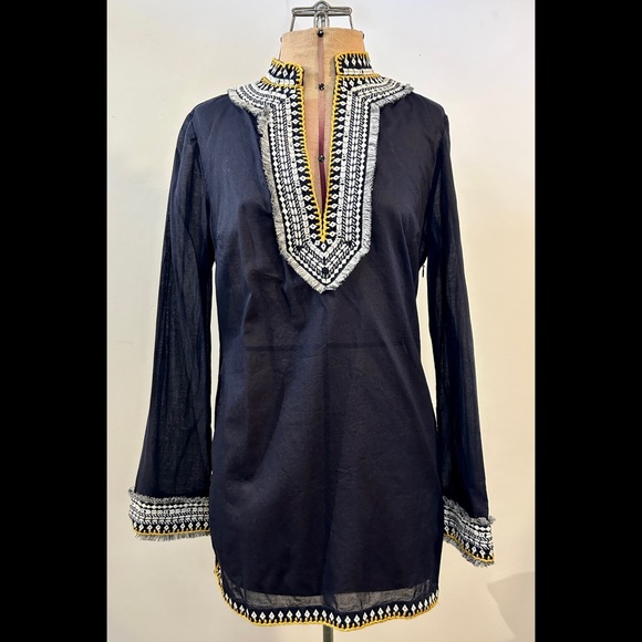 Tory Burch Embroidered Fringe Tunic Top in Navy Size 6 - Picture 2 of 12